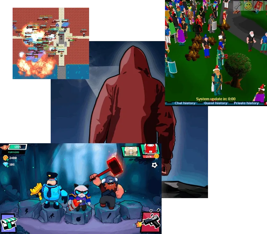 Collage aus Browser-Spielen: Pixel-Art, klassisches RPG und Cartoon-Action